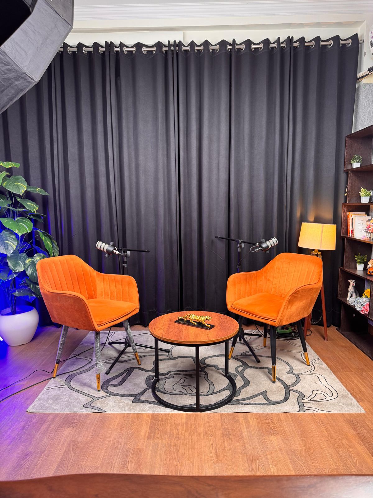 Two-chair podcast interview setup with RØDE PodMic on boom arms at Spettro Studios, Rajouri Garden, New Delhi
